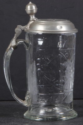 Glass stein, .75L, blown, wheel-engraved, pewter lid dated 1796, minor dents & tear on lid, small top rim flake. - 3