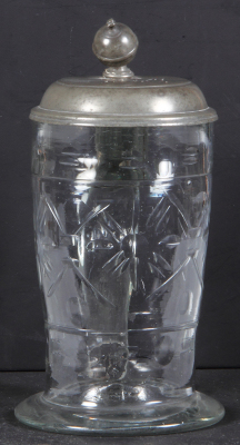 Glass stein, 1.0L, blown, cut & polished, pewter lid, dated 1840, thumblift is bent, mint.