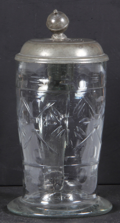 Glass stein, 1.0L, blown, cut & polished, pewter lid, dated 1840, thumblift is bent, mint.