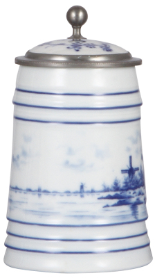 Porcelain stein, .5L, hand-painted, Delft, porcelain inlaid lid, lines in lithophane, pewter, good repair of cut in pewter. - 2