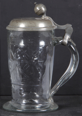 Glass stein, 1.0L, blown, cut & polished, pewter lid, dated 1840, thumblift is bent, mint. - 2