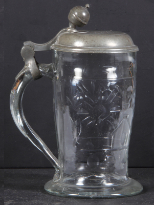 Glass stein, 1.0L, blown, cut & polished, pewter lid, dated 1840, thumblift is bent, mint. - 3