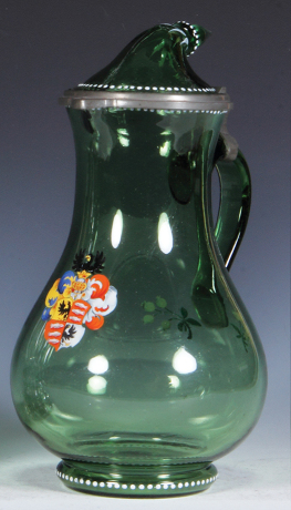 Glass stein, 10.5'' ht., blown, green, hand-painted, Egermann, matching glass inlaid lid with unusual leaning finial, mint.