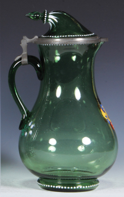 Glass stein, 10.5'' ht., blown, green, hand-painted, Egermann, matching glass inlaid lid with unusual leaning finial, mint. - 3