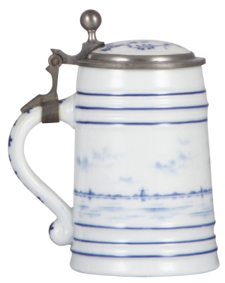 Porcelain stein, .5L, hand-painted, Delft, porcelain inlaid lid, lines in lithophane, pewter, good repair of cut in pewter. - 3