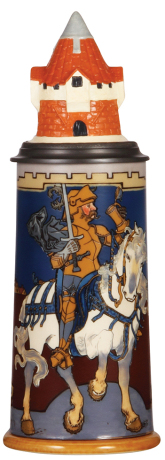Mettlach stein, 1.0L, 2765, etched, Knight on White Horse, by H. Schlitt, inlaid lid, excellent repair of small chips on inlay.