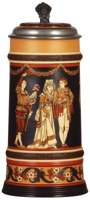 Mettlach stein, 1.0L, 2255, etched, inlaid lid, excellent hairline repair in rear.