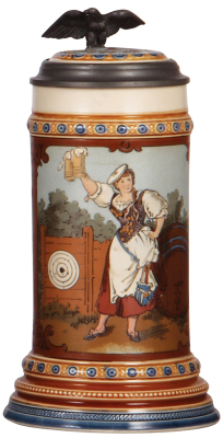 Mettlach stein, .5L, 2235, etched, inlaid lid, music box base [without music box], mint.