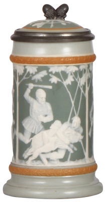 Mettlach stein, .3L, 2530, cameo, inlaid lid, mint.