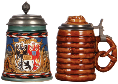 Two Mettlach steins, .5L, 2024, etched, Berlin, inlaid lid, mint; with, .5L, 2388, Character Pretzel, inlaid lid, mint.
