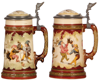 Two Mettlach steins, .3L, 966 [2183] & 967 [2183], inlaid lids, mint.