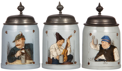 Three Mettlach stein, .5L, etched, tapestry, 1644, 1645 & 1647, pewter lids, mint.
