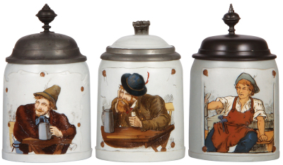Three Mettlach steins, .5L, etched, tapestry, 1533, pewter lid, 1536, inlaid lid & 1662, pewter lid, mint.