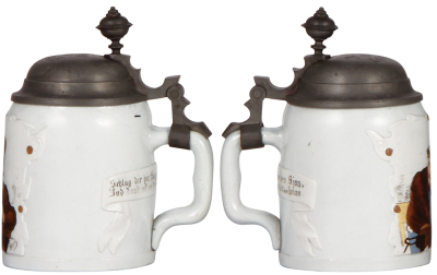 Three Mettlach steins, .5L, etched, tapestry, 1533, pewter lid, 1536, inlaid lid & 1662, pewter lid, mint. - 2