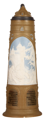 Mettlach stein, 5.0L, 21.7" ht., 2478, cameo, inlaid lid, two small base chips, otherwise mint.