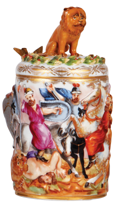 Porcelain stein, 1.2L, 10.9" ht., hand-painted relief, marked N with crown, Capo-di-Monte, porcelain lid, excellent small leaf chip repairs on lid.