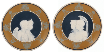 Pair Mettlach plaques, 10.2" d., 3038 & 3039, cameo, mint.