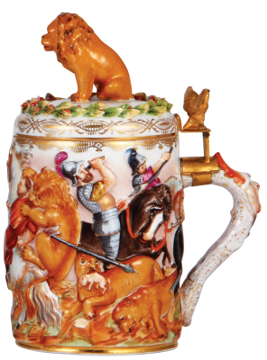 Porcelain stein, 1.2L, 10.9" ht., hand-painted relief, marked N with crown, Capo-di-Monte, porcelain lid, excellent small leaf chip repairs on lid. - 2