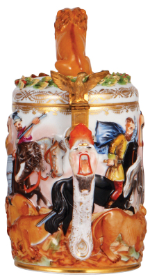 Porcelain stein, 1.2L, 10.9" ht., hand-painted relief, marked N with crown, Capo-di-Monte, porcelain lid, excellent small leaf chip repairs on lid. - 3