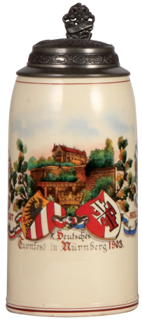 Pottery stein, 1.0L, transfer & hand-painted, marked L. Ostermayr. Nürnberg, Deutsches, Turnfest in Nürnberg, 1903, relief pewter lid: scene of Nürnberg, mint.