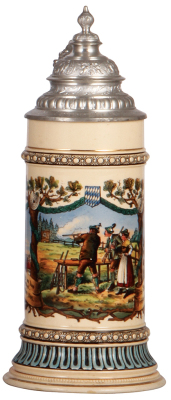 Pottery stein, .5L, transfer & hand-painted, marked 1145, Zur Erinnerung an das XV. Deutsches Bundes-Schiessen, München 1906, pewter lid, mint.