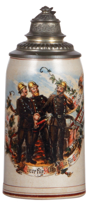 Fireman beer stein, 1.0L, stoneware, transfer & hand-painted, marked Merkelbach & Wick, Martin Pauson, München, firemen, pewter lid, minor pewter repair, otherwise mint.