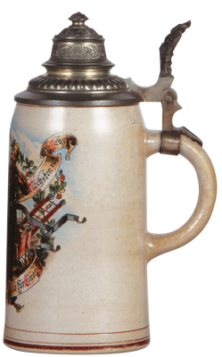 Fireman beer stein, 1.0L, stoneware, transfer & hand-painted, marked Merkelbach & Wick, Martin Pauson, München, firemen, pewter lid, minor pewter repair, otherwise mint. - 2