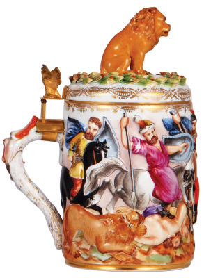 Porcelain stein, 1.2L, 10.9" ht., hand-painted relief, marked N with crown, Capo-di-Monte, porcelain lid, excellent small leaf chip repairs on lid. - 4