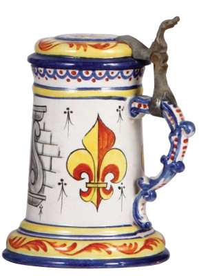 Faience stein, 6.5" ht., c. 1900, French Walzenkrug, faience lid, very good condition.  - 2