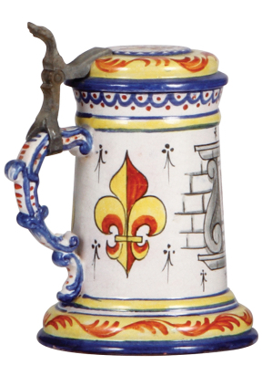 Faience stein, 6.5" ht., c. 1900, French Walzenkrug, faience lid, very good condition.  - 3