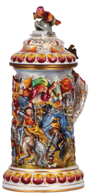 Porcelain stein, .5 L, 10.2" ht., hand-painted relief, marked N with crown, Capo-di-Monte, porcelain lid, mint.
