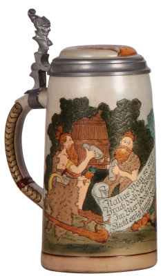 Stoneware stein, 1.0L, etched, #1628, by Marzi & Remy, inlaid lid, mint.