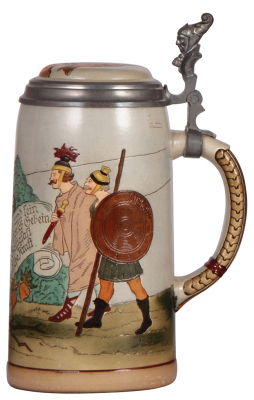 Stoneware stein, 1.0L, etched, #1628, by Marzi & Remy, inlaid lid, mint. - 2