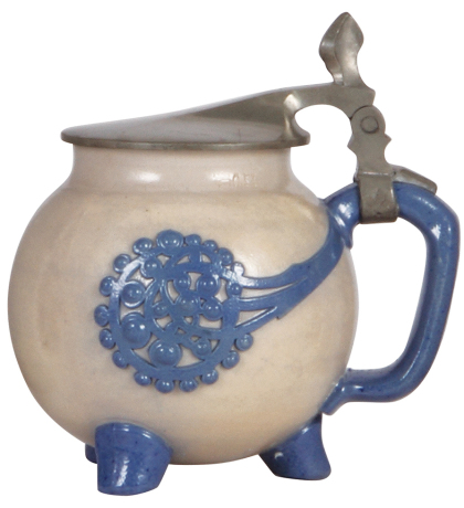 Stoneware stein, .5L, relief, marked 1757, made by Reinhold Merkelbach, designed by R. Riemerschmid, blue saltglaze, Art Nouveau, pewter lid, mint.