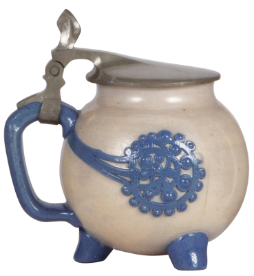 Stoneware stein, .5L, relief, marked 1757, made by Reinhold Merkelbach, designed by R. Riemerschmid, blue saltglaze, Art Nouveau, pewter lid, mint. - 3