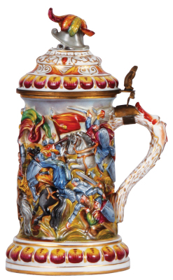 Porcelain stein, .5 L, 10.2" ht., hand-painted relief, marked N with crown, Capo-di-Monte, porcelain lid, mint. - 2