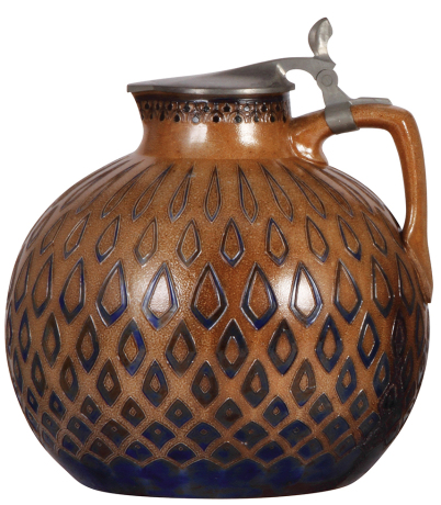 Stoneware stein, 2.5L, 10.0'' ht., relief, marked 1734, made by Reinhold Merkelbach, designed by R. Riemerschmid, brown saltglaze, Art Nouveau, pewter lid, glaze run in rear, some tiny glaze flakes.