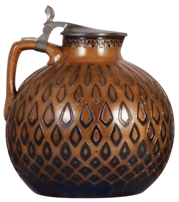 Stoneware stein, 2.5L, 10.0'' ht., relief, marked 1734, made by Reinhold Merkelbach, designed by R. Riemerschmid, brown saltglaze, Art Nouveau, pewter lid, glaze run in rear, some tiny glaze flakes. - 3