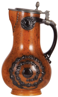 Stoneware stein, 2.0L, 12.8'' ht., relief, marked 2095, made by Reinhold Merkelbach, designed by Paul Wynand, brown saltglaze, Art Nouveau, pewter lid, flake on relief in rear.