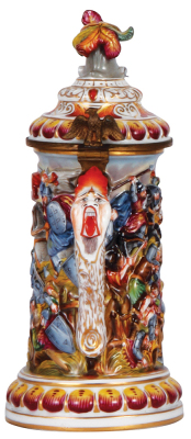 Porcelain stein, .5 L, 10.2" ht., hand-painted relief, marked N with crown, Capo-di-Monte, porcelain lid, mint. - 3