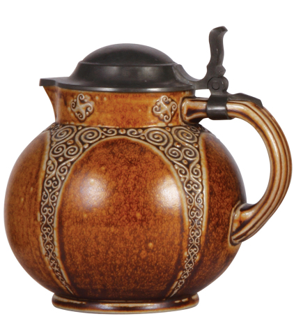 Stoneware stein, 7.9'' ht., relief, marked 3010, made by Reinhold Merkelbach, designed by Karl Mehlem, brown saltglaze, Art Nouveau, pewter lid, mint.