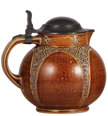 Stoneware stein, 7.9'' ht., relief, marked 3010, made by Reinhold Merkelbach, designed by Karl Mehlem, brown saltglaze, Art Nouveau, pewter lid, mint. - 3