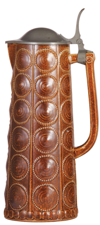 Stoneware stein, 2.0L, 15.0'' ht., relief, marked 2199, made by Reinhold Merkelbach, designed by Paul Wynand, brown saltglaze, Art Nouveau, pewter lid, mint.