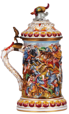 Porcelain stein, .5 L, 10.2" ht., hand-painted relief, marked N with crown, Capo-di-Monte, porcelain lid, mint. - 4