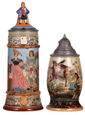 Two pottery steins, .5L, marked 11070, etched, by J.W. Remy, inlaid figural lid, mint; with, .5L, marked 1175B, M. & W. Gr., etched, pewter lid, pewter tear at rear of lid, body mint.