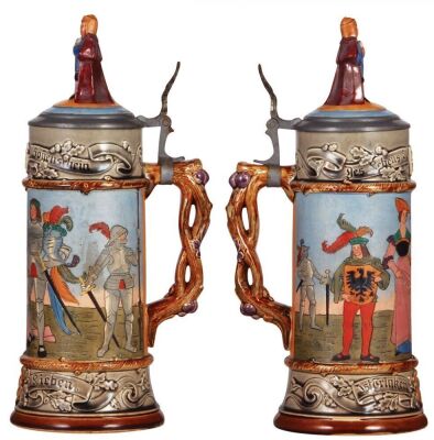 Two pottery steins, .5L, marked 11070, etched, by J.W. Remy, inlaid figural lid, mint; with, .5L, marked 1175B, M. & W. Gr., etched, pewter lid, pewter tear at rear of lid, body mint. - 2