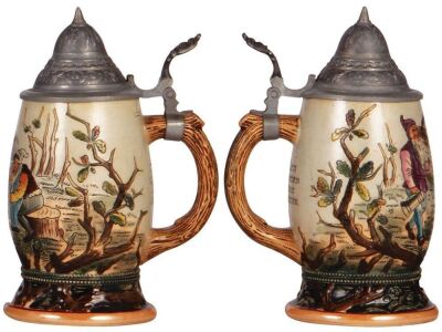 Two pottery steins, .5L, marked 11070, etched, by J.W. Remy, inlaid figural lid, mint; with, .5L, marked 1175B, M. & W. Gr., etched, pewter lid, pewter tear at rear of lid, body mint. - 3