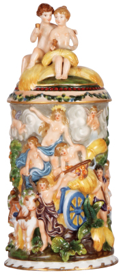 Porcelain stein, 1.2L, 11.8" ht., hand-painted relief, marked N with crown, Capo-di-Monte, porcelain set-on lid, excellent repair to arm and cup on the lid, base chip repair.