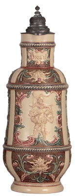 Pottery stein, 4.0L, 15.6" ht., relief, by Diesinger, #500, pewter lid, chip on beak on handle.