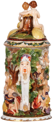 Porcelain stein, 1.2L, 11.8" ht., hand-painted relief, marked N with crown, Capo-di-Monte, porcelain set-on lid, excellent repair to arm and cup on the lid, base chip repair. - 3